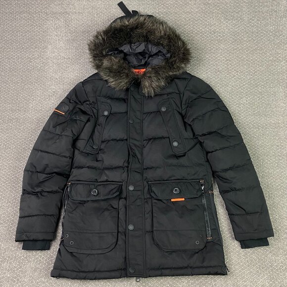 Superdry Chinook Parka Jacket Coat Men's Medium Black Faux Fur Hood Puffer - Picture 1 of 16